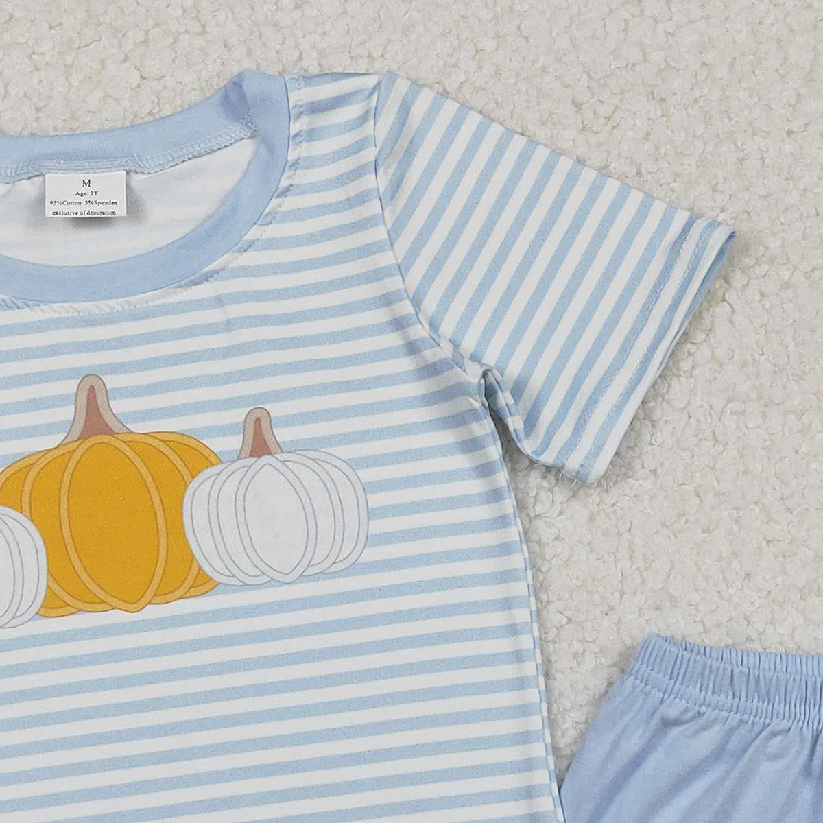 10.14 RTS NO MOQ （In stock）BSSO1548 Baby Boys Winter Outfits Baby Boys Blue Stripes Pumpkins Top Shorts Fall Clothes Set