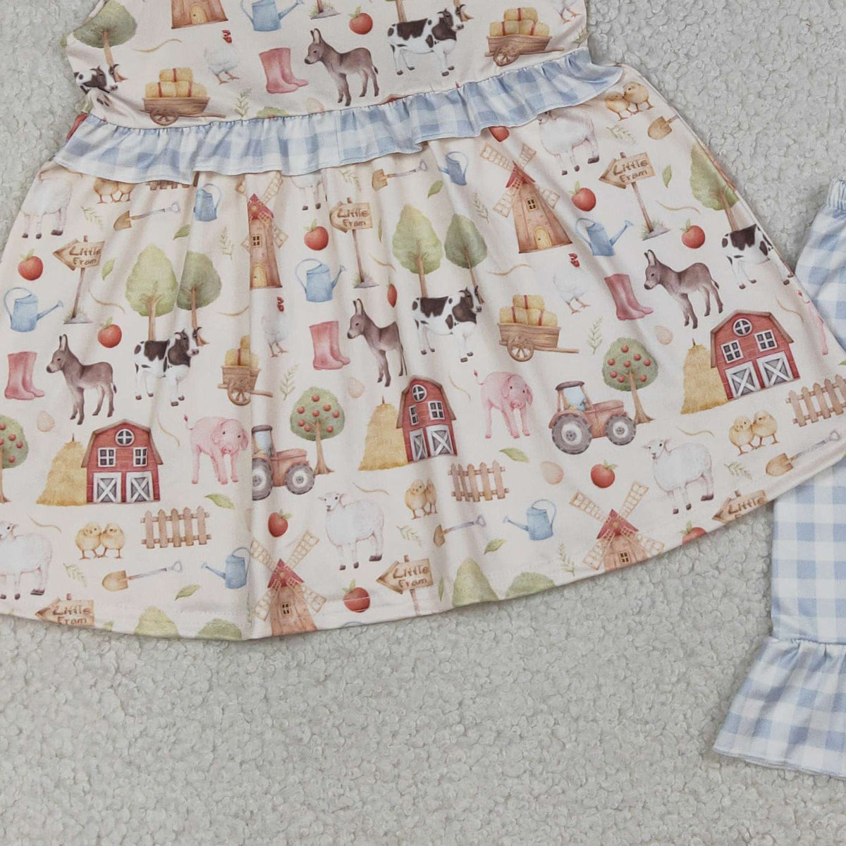 4.7 GSSO3077 RTS NO MOQ （In stock ）Baby Girls Sleeveless Pigs Cows Tunic Ruffle Checked Shorts Farm Clothes Sets