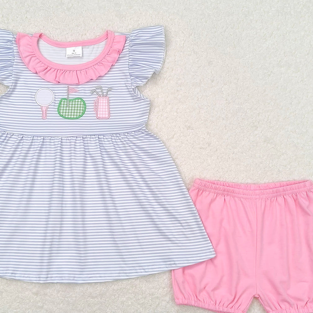 4.22 GSSO0767  RTS NO MOQ Flutter sleeves stripe golf tunic pink shorts girls clothes
