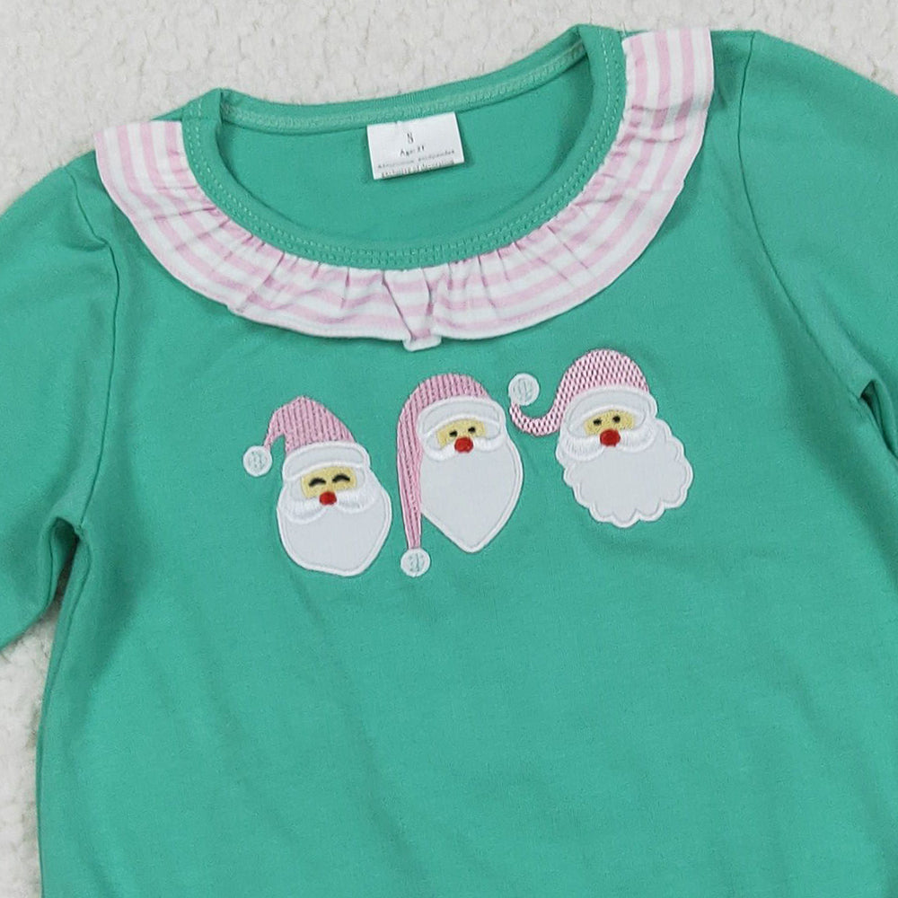 RTS NO MOQ （In stock）LR2411 Baby Girls Winter Rompers Embroidery Baby Girls Green Long Sleeves Santa Ruffle Rompers