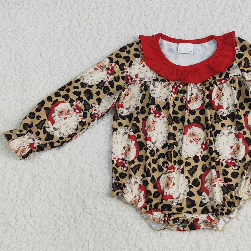8.13   LR2237 RTS NO MOQ Baby Girls Winter Rompers Baby Girls Long Sleeves Leopard Santa Ruffle Rompers