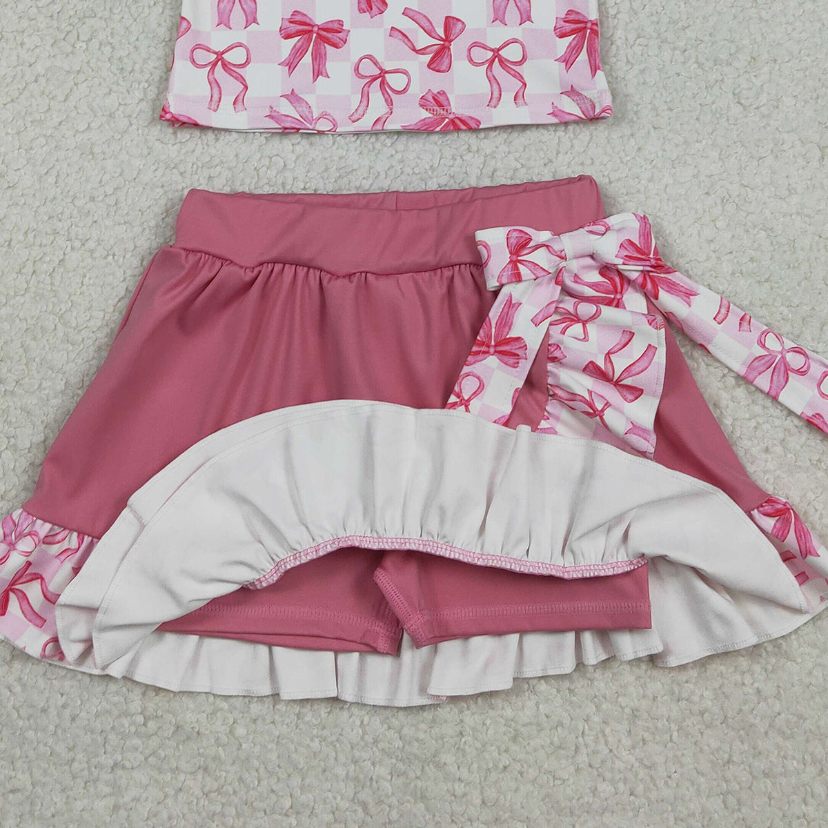1.24 RTS NO MOQ （In stock）GSD3480 Baby Girls Bows Checked Button Top Ruffle Skirt Shorts Yoga Active Clothes Sets