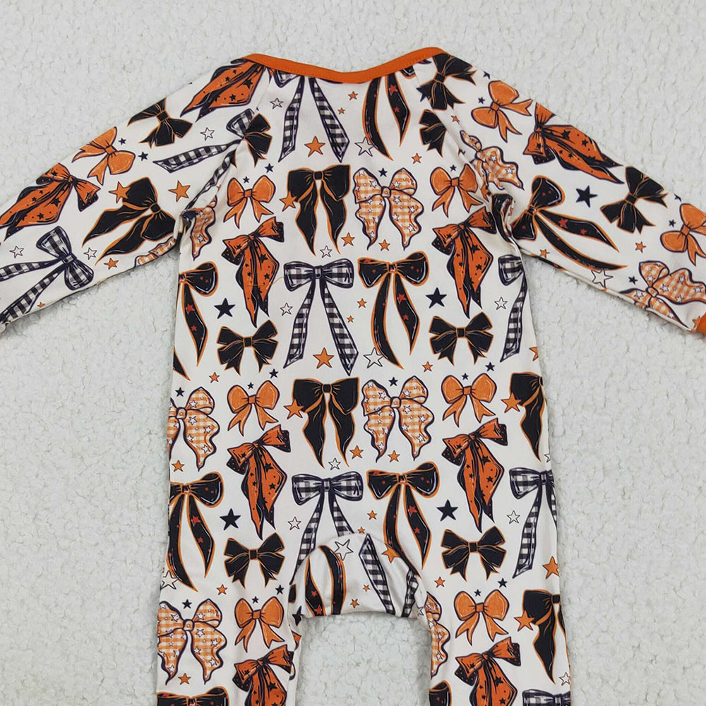 RTS NO MOQ （In stock）LR2409 Baby Boys Winter Rompers Baby Boys Orange Black Bows Stars Halloween Zipper Footie Rompers