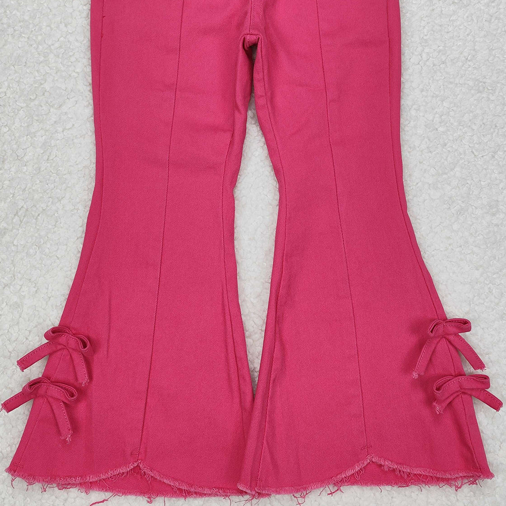 P0731 New Rts No Moq 8-9 Days By Air Arrived it Hot pink bow elastic waist kids girls flare jeans