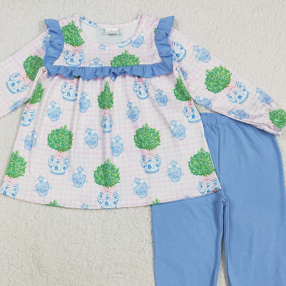 RTS NO MOQ （In stock）GLP2396 Baby Girls Winter Outfits Baby Girls Pink Long Sleeves Plants Tunic Blue Ruffle Pants Sets