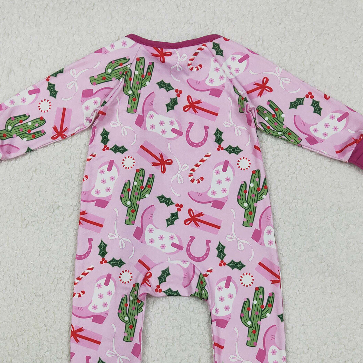 11.4 RTS NO MOQ （In stock）LR1742 Baby Girls Winter Rompers Baby Girls Western Boots Christmas Two Way Zip Convertible Rompers