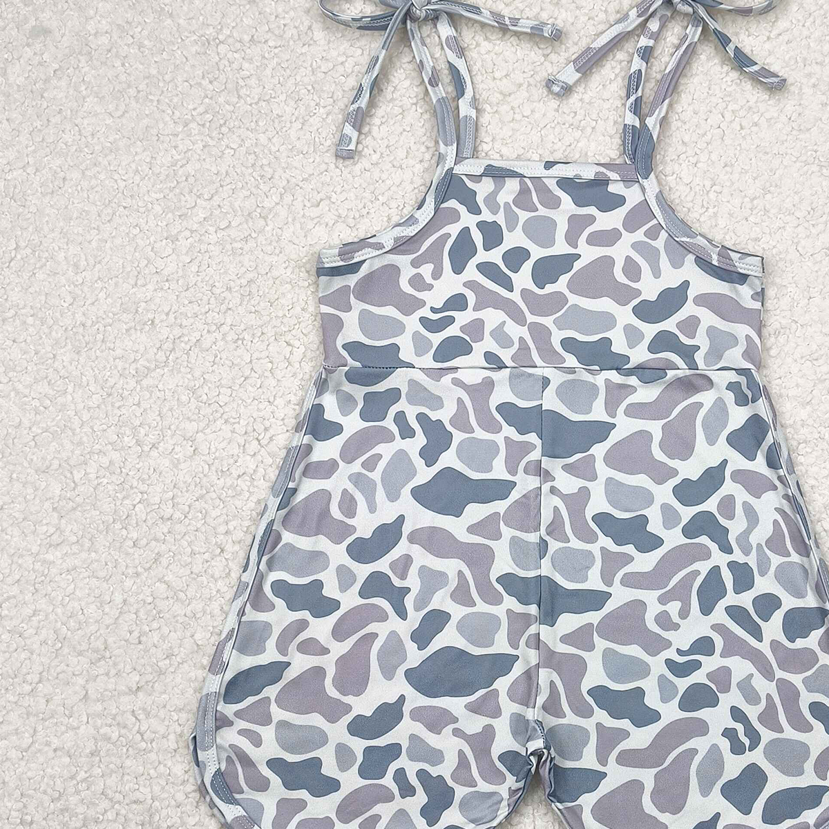 USA Shop (in stock) SR2827 RTS NO MOQ  Baby Girls Summer Jumpsuits Grey camo straps shorts length kids girls jumpsuit