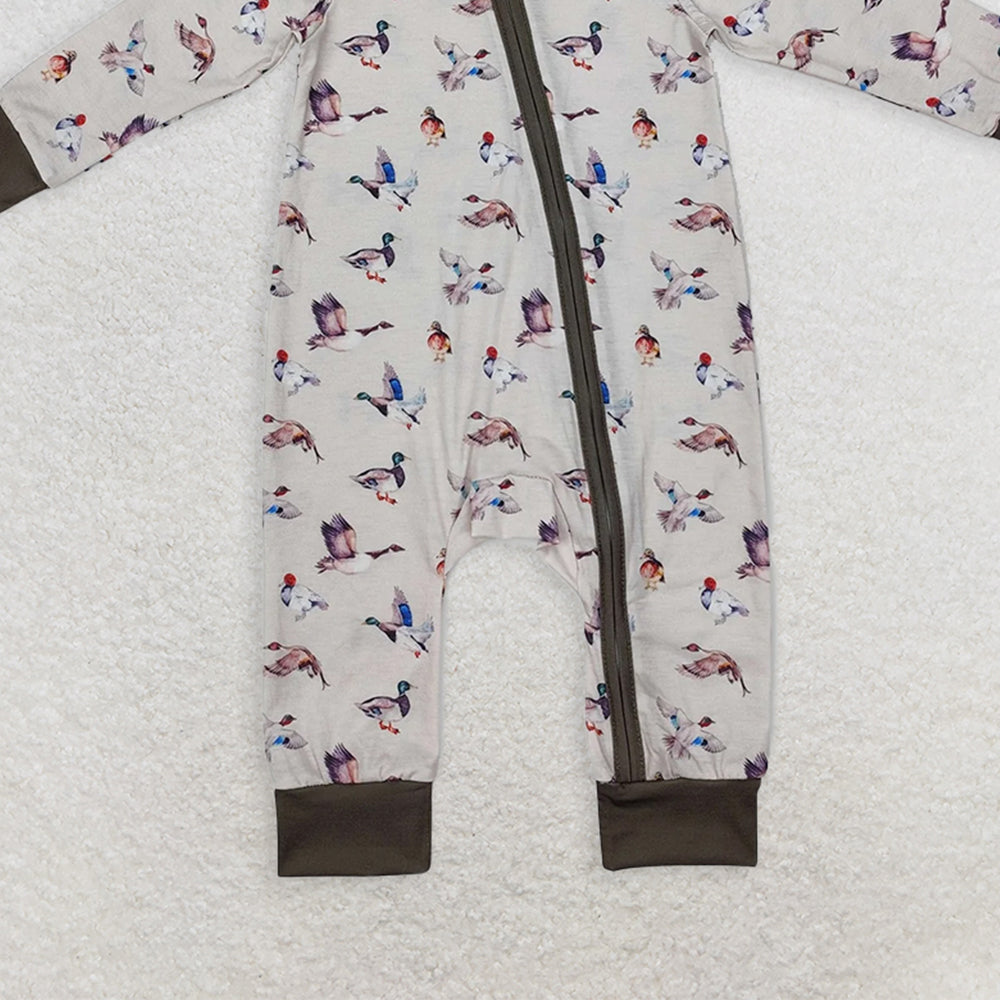 LR1880 RTS NO MOQ Baby Boys Winter Rompers Baby Infant Boys Grey Fall Ducks Hunting Zip Rompers preorder