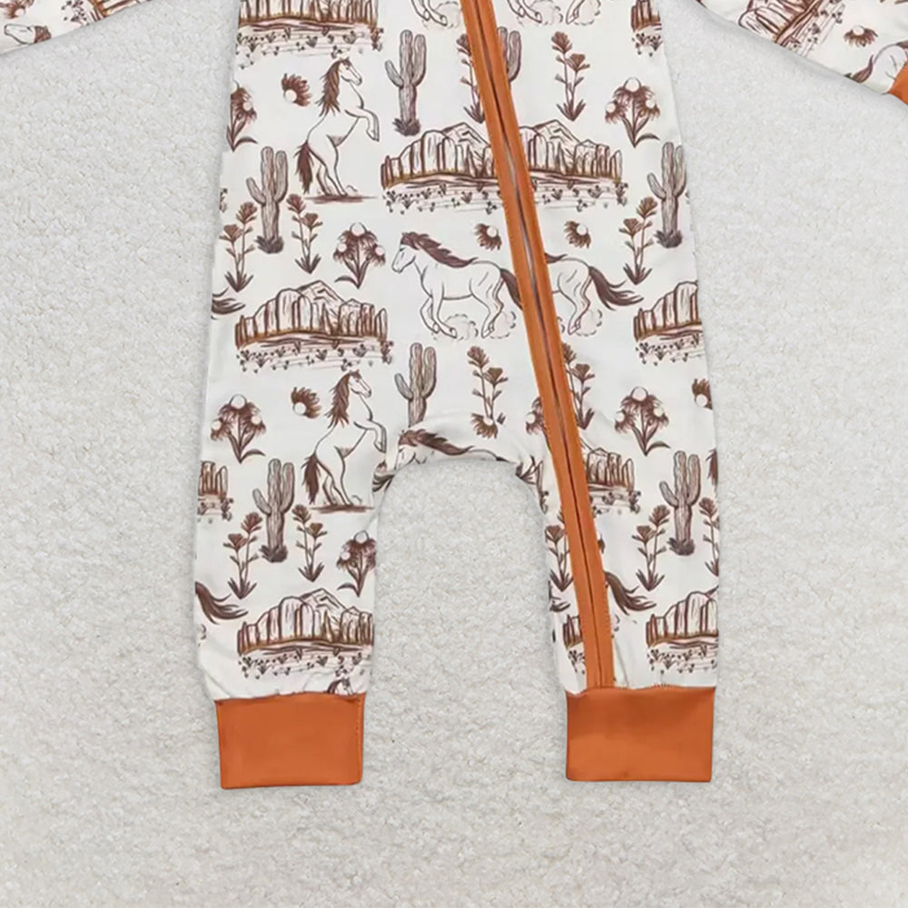 USA Shop (in stock)LR1164 Baby Girls Winter Rompers Long sleeves horse cactus baby kids western bamboo zipper romper