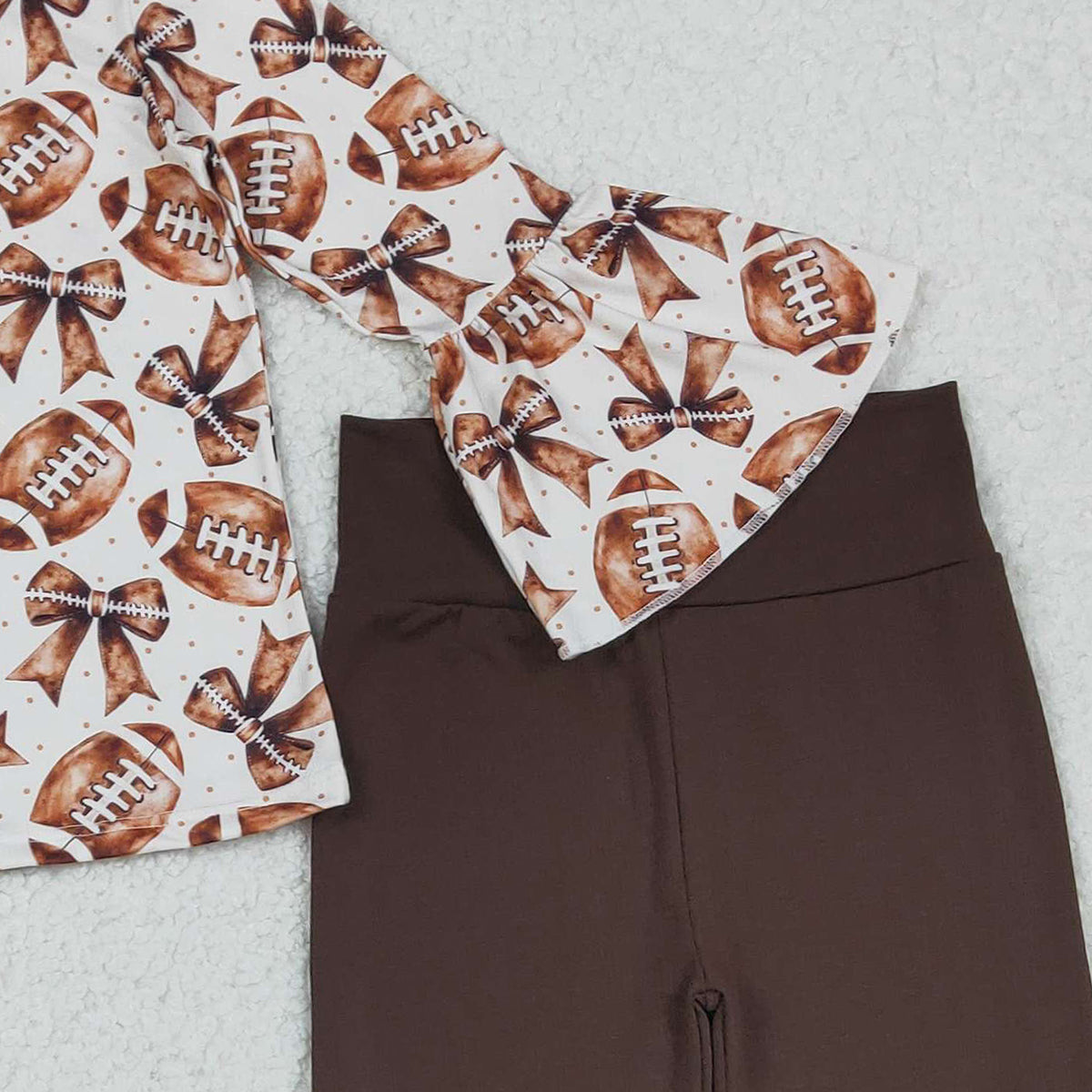 12.5 RTS NO MOQ （In stock）GLP2787 Baby Girls Bell Sleeve Footballs Bows Top Ruffle Bell Bottom Pants Team Clothes Set