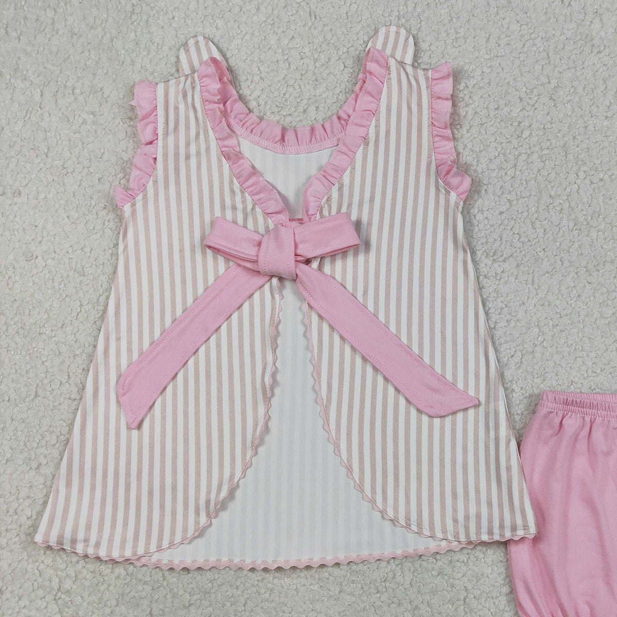 3.27 RTS NO MOQ （In stock）GSSO2924 Kids Clothing for Baby Girls Sleeveless Embroidery Rabbits Back Bows Stripe Tunic Ruffle Shorts Easter Sets