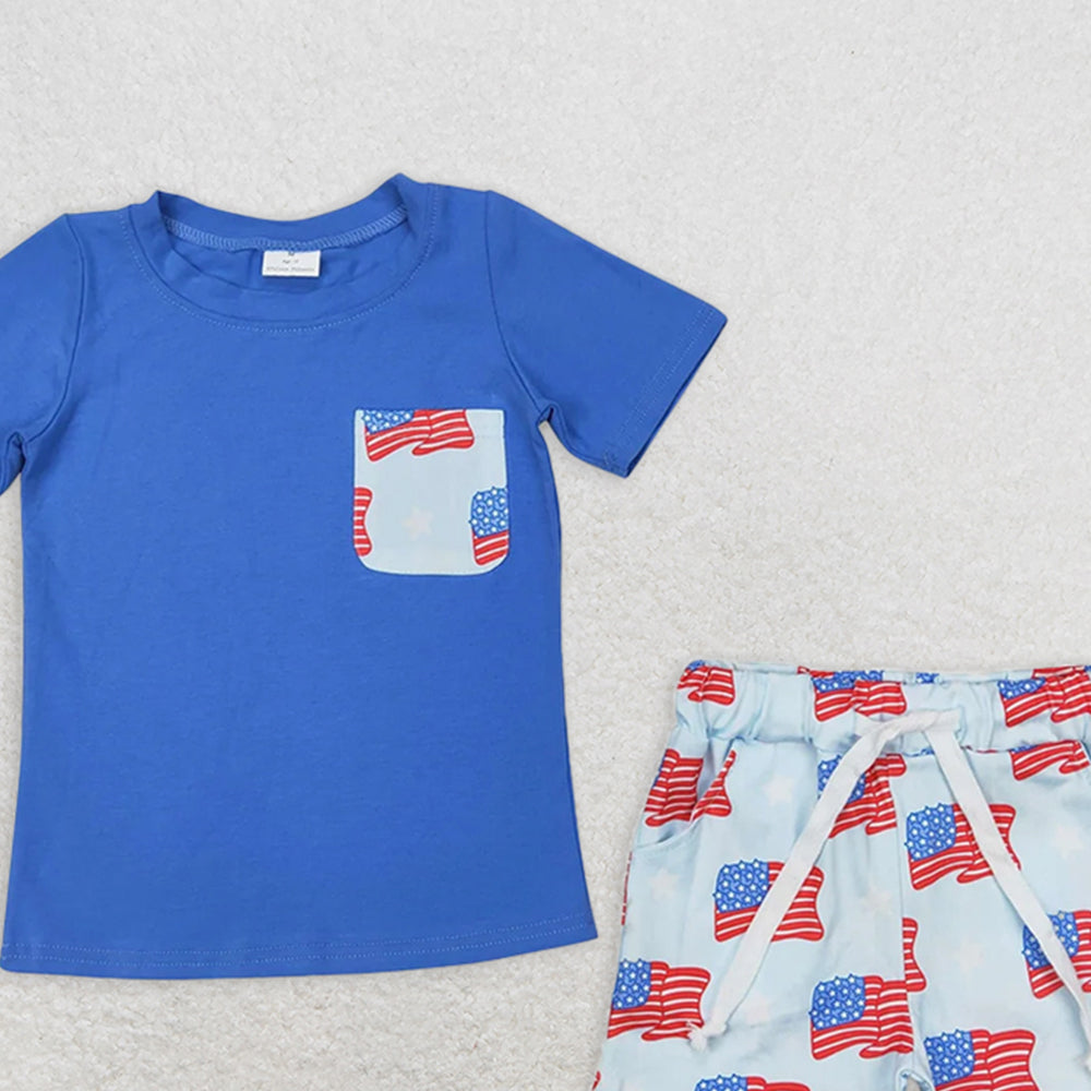 BSSO1258RTS NO MOQ Baby Boys Summer Boys Outfits Baby Boys 4th of July Themed Clothing Set with Flags Pocket Short Sleeve Shirt And Shorts Outfit for Infants