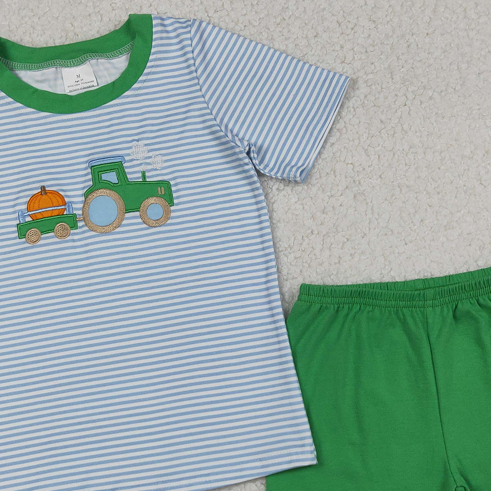 RTS NO MOQ （In stock）BSSO1549 Baby Boys Summer Boys Outfits Blue Stripe Truck Pumpkin Top Shorts Fall Clothes Sets