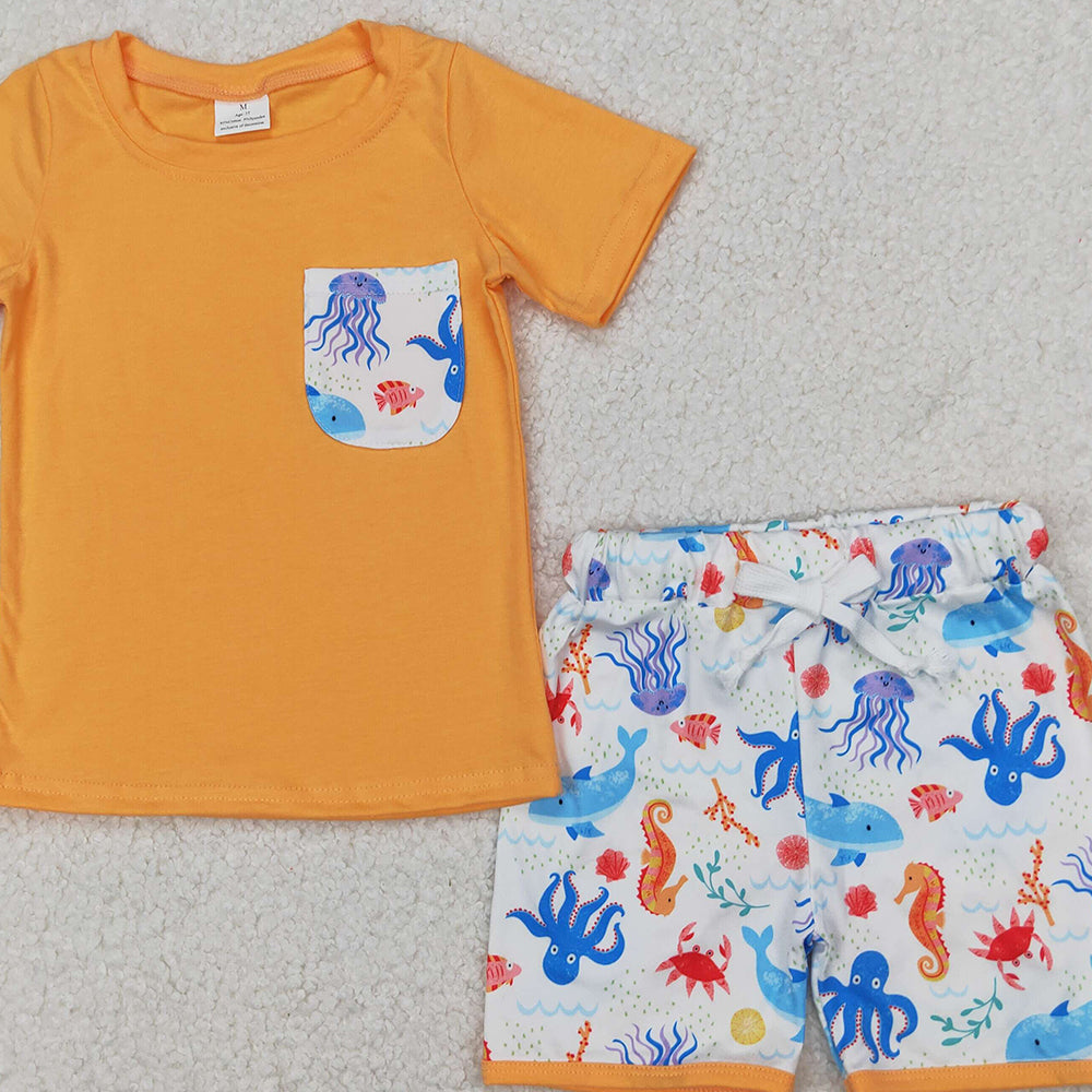4.17 BSSO1299 RTS NO MOQ Baby Boys Orange Short Sleeves Pocket Top Sea World Short Set