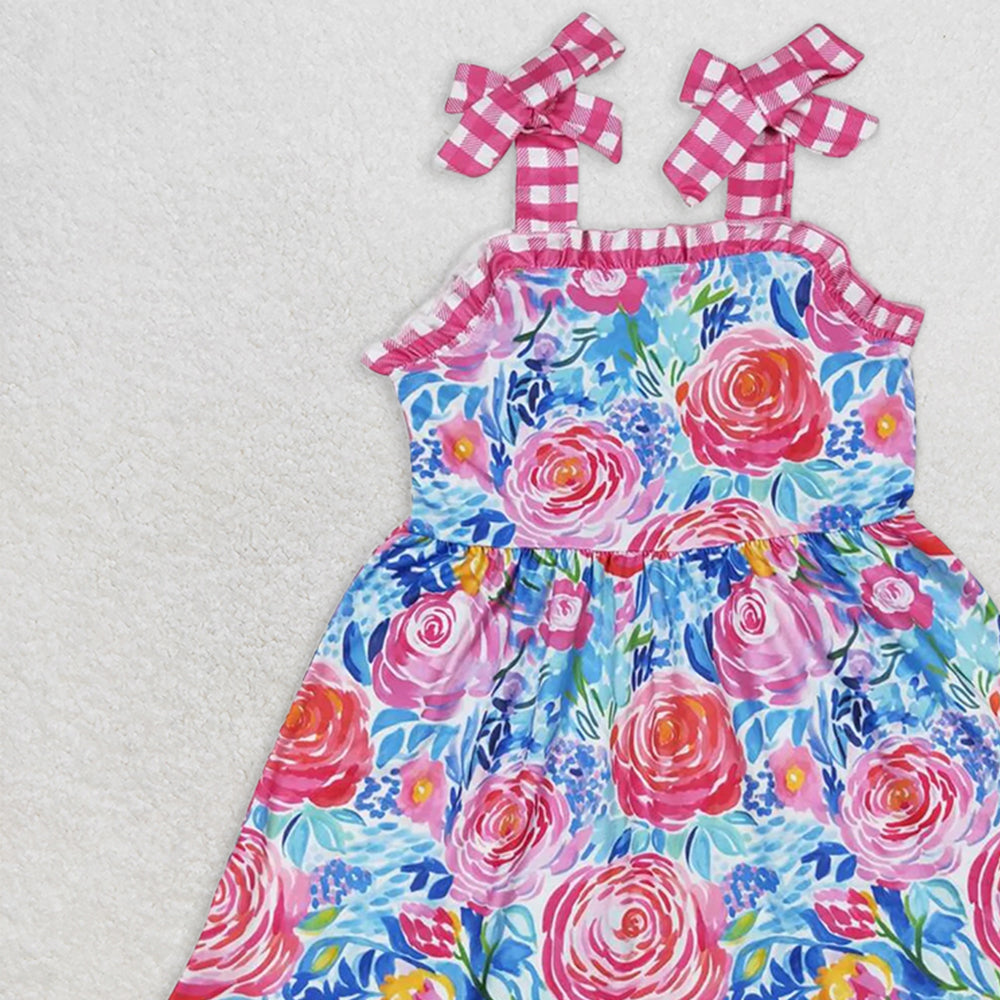 GSD0895RTS NO MOQ Baby Girls Summer Dress  Baby Girls Pink Flowers Straps Sibling Summer Dresses Rompers Clothes Sets