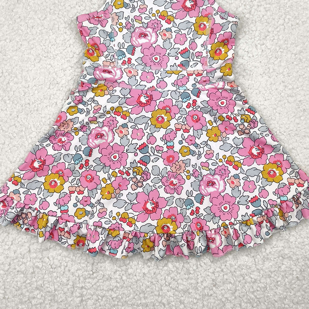 4.11 GSD2278 RTS NO MOQ Baby Girls Summer Yoga Dress Straps pink floral ruffle kids girls athletic dresses