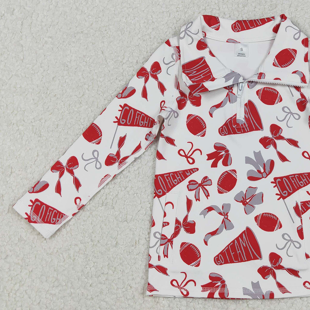 10.30 RTS NO MOQ （In stock）GT1198 Baby Girls Long Sleeve Tops Baby Girls Red Bows Footballs Go Team Yoga Active Zipper Pullovers Top