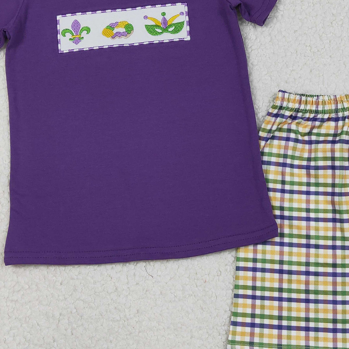 12.16 RTS NO MOQ （In stock）BSSO1603 Embroidery Anchor Donuts Baby Boys Mardigras Top Checked Shorts Clothes Sets