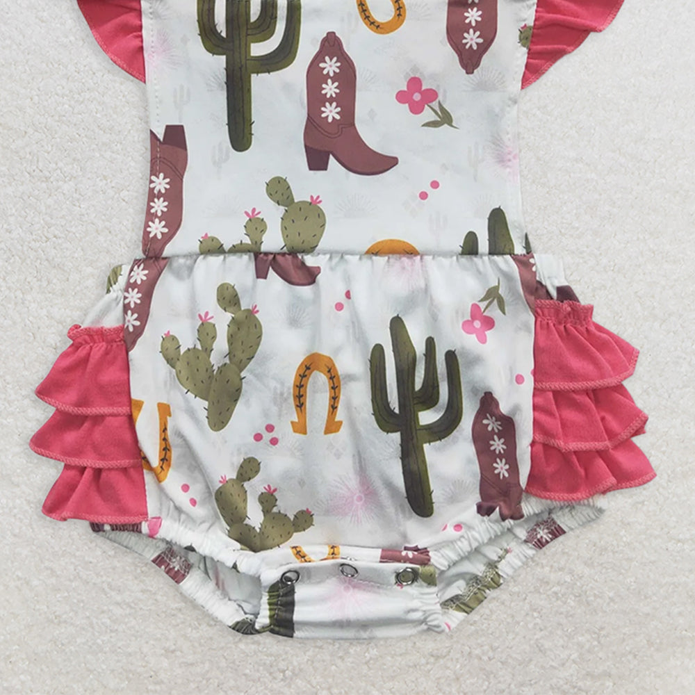 SR0384 RTS NO MOQ Baby Girls Summer Rompers Baby Girls Cactus Ruffles Western Rompers