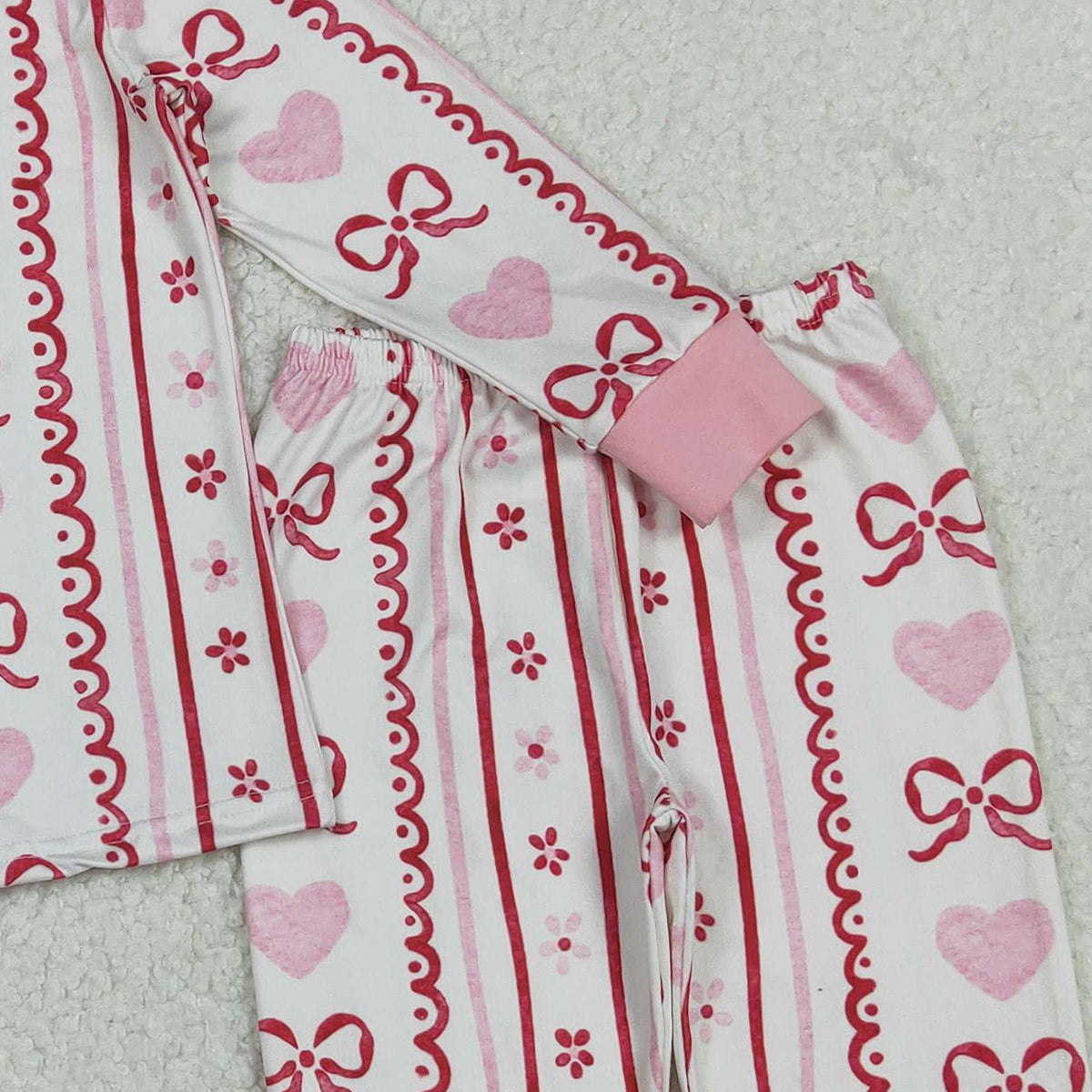 11.7 RTS NO MOQ （In stock）GLP2984 Baby Girls Pink Bows Hearts Stripe Top Pant Valentine Pajamas Sets