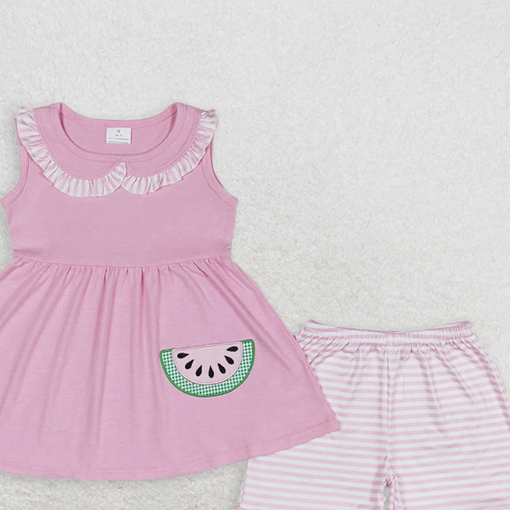 GSSO1055RTS NO MOQ Baby Girls Summer Outfits Embroidered watermelon striped lace doll collar pink sleeveless shorts suit