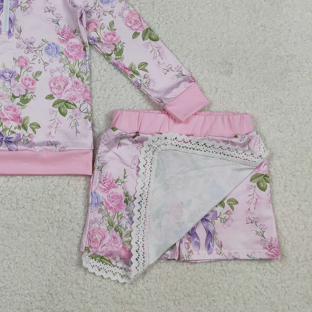 1.22 RTS NO MOQ （In stock）GLD1572 Baby Girls Flowers Zipper Collar Top Ruffle Skirt Shorts Clothes Sets