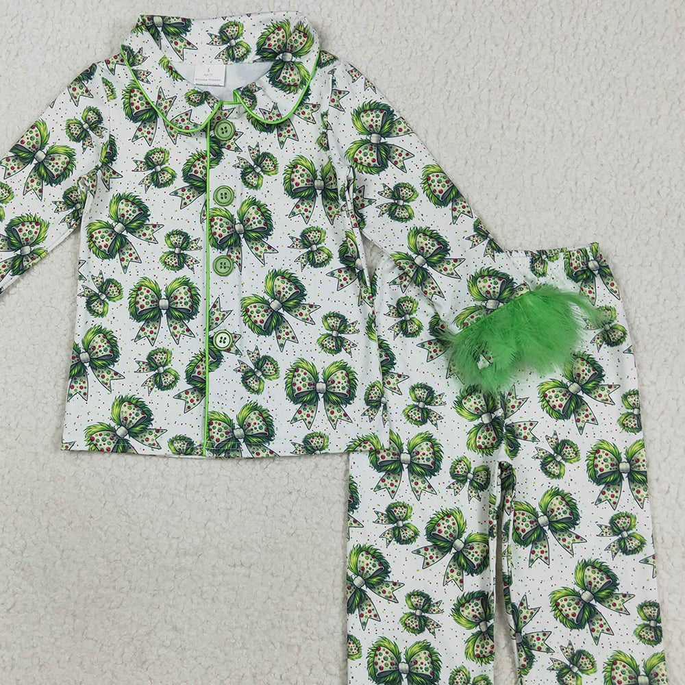 8.23 RTS NO MOQ （In stock）GLP2582 Baby Girls Winter Outfits Baby Girls Fur Sleeves Green Bows Plaid Button Top Pant Christmas Pajamas Set
