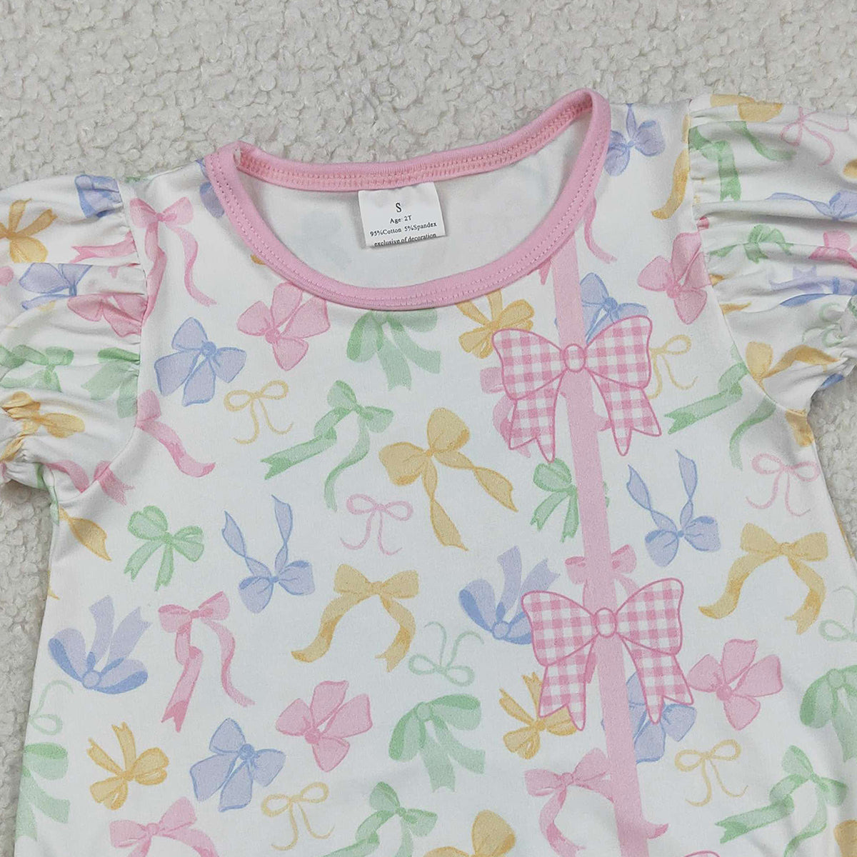 3.13 RTS NO MOQ （In stock）SR3672 Children's Fashion Romper Baby Girls Short Sleeve Colorful Bows Button Ruffle Rompers