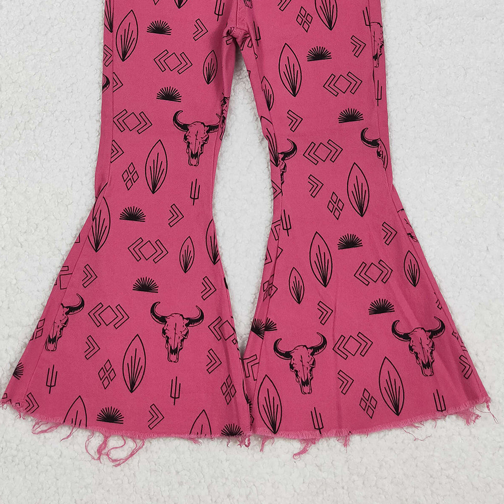 RTS NO MOQ （In stock）P0159 Baby Girls Denim Pants Western Style Pink Cow Embroidered Denim Bell Pants Casual Infant Outfit for Girls