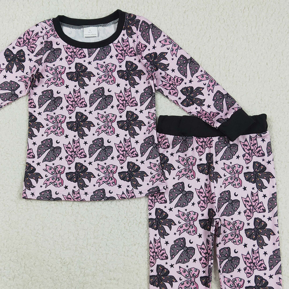 8.22 RTS NO MOQ （In stock）GLP2516 Baby Girls Winter Outfits Baby Girls Long Sleeves Black Pink Bows Stars Top Pant Pajamas Sets