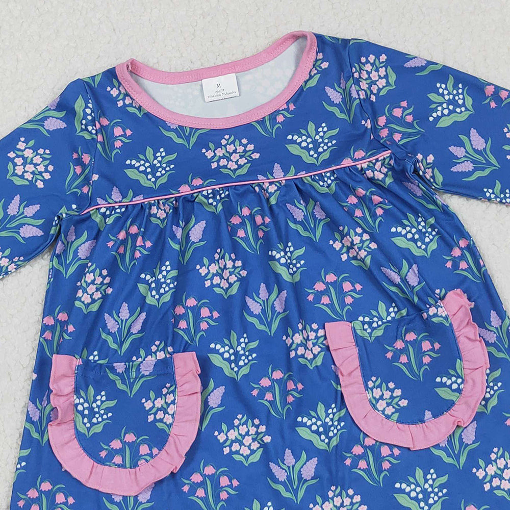 RTS NO MOQ （In stock）GLD1257 Baby Girls Winter Dress Knee-Length Dress with Blue Flowers And Pockets Cute Child's Fashion Outfit