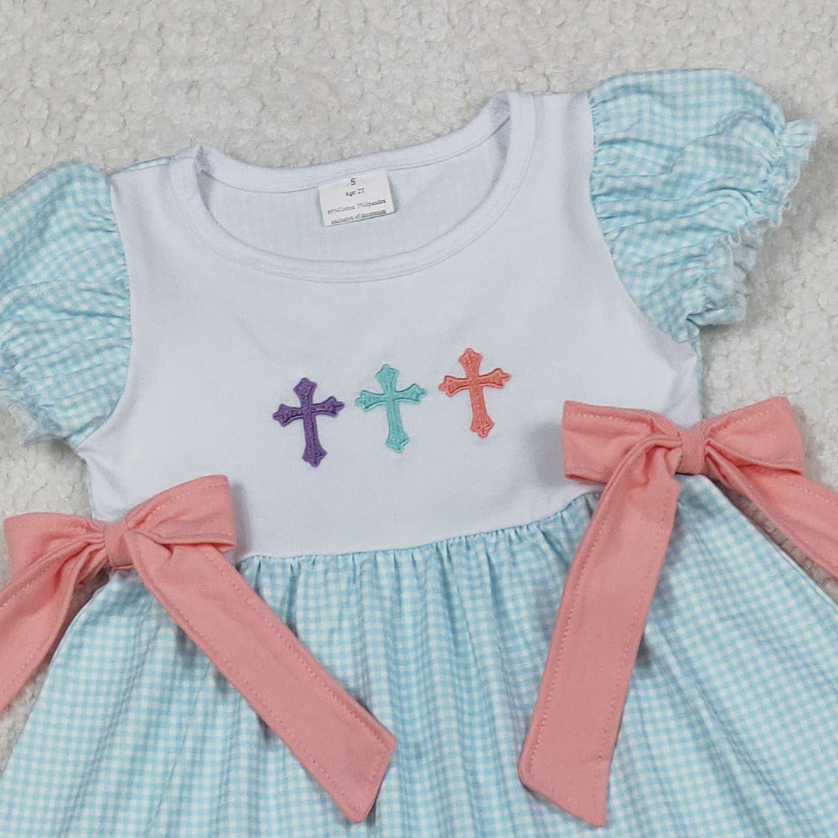 11.1 RTS NO MOQ （In stock）GBO0480 Baby Girls Summer Outfits Embroidery Crosses Baby Girls Bows Tunic Bummies Easter Clothes Sets