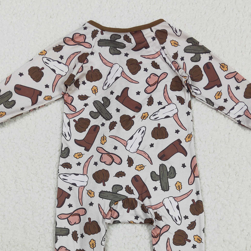 RTS NO MOQ （In stock）LR2334 Baby Boys Winter Rompers Baby Boys Western Brown Long Sleeves Bull Skull Cactus Zipper Rompers