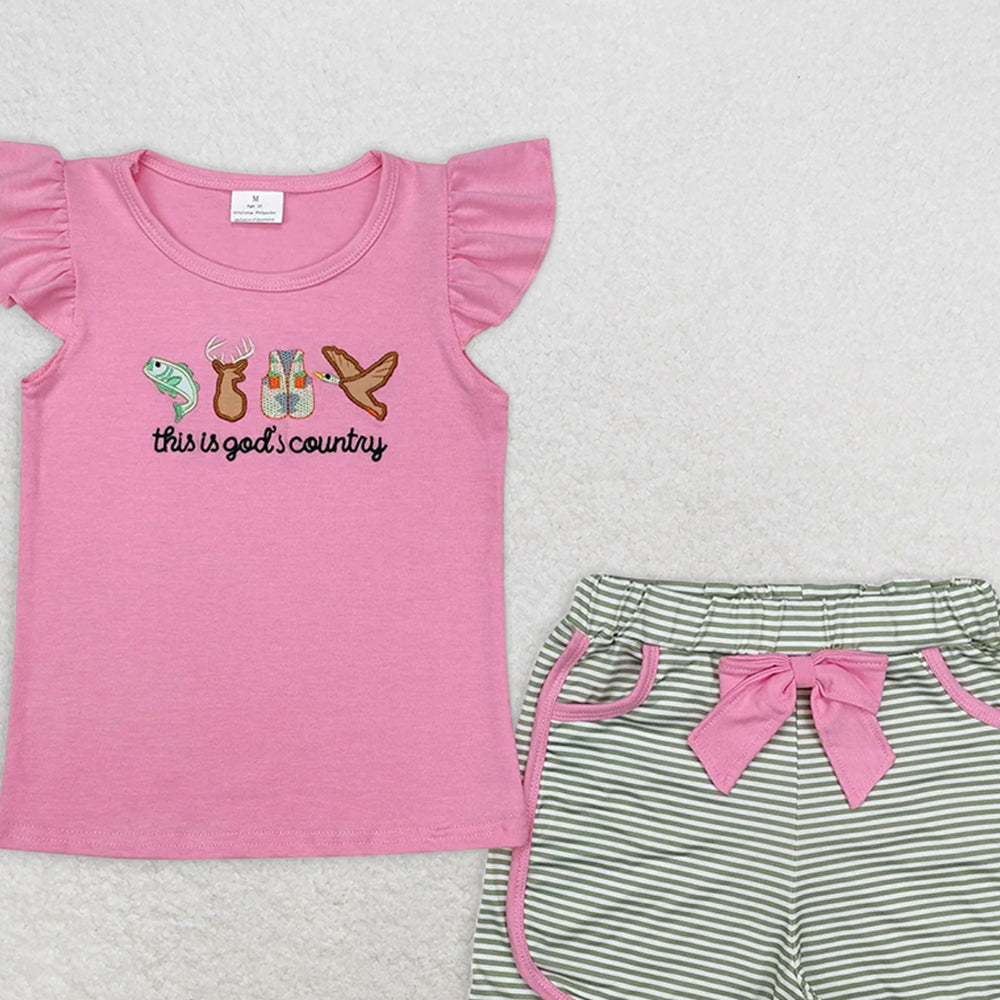 GSSO1614RTS NO MOQ Baby Girls Summer Outfits Baby Girls Embroidery God Country Hunting Shirt Bow Shorts Clothes Sets