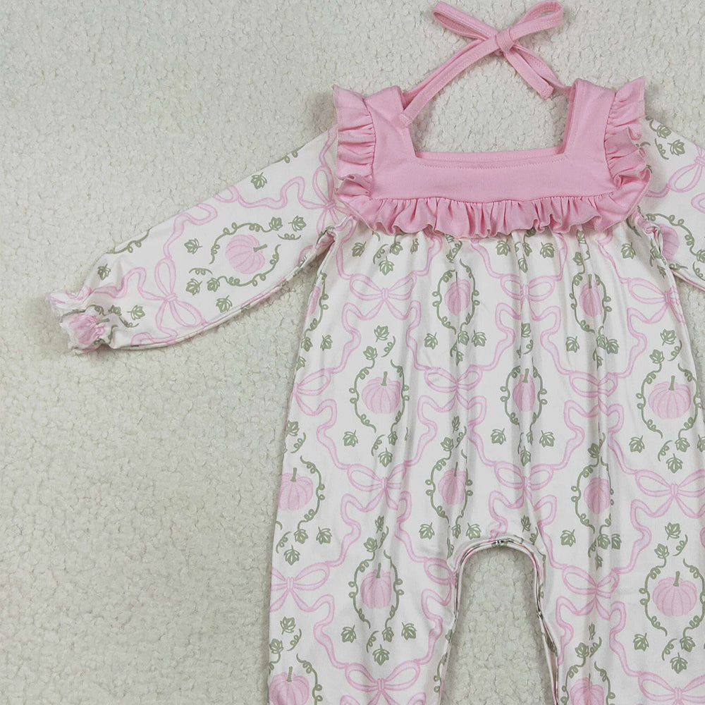 RTS NO MOQ （In stock）LR2255 Baby Girls Winter Rompers Baby Girls Long Ruffle Sleeves Pink Pumpkins Bows Plaid Pant Rompers