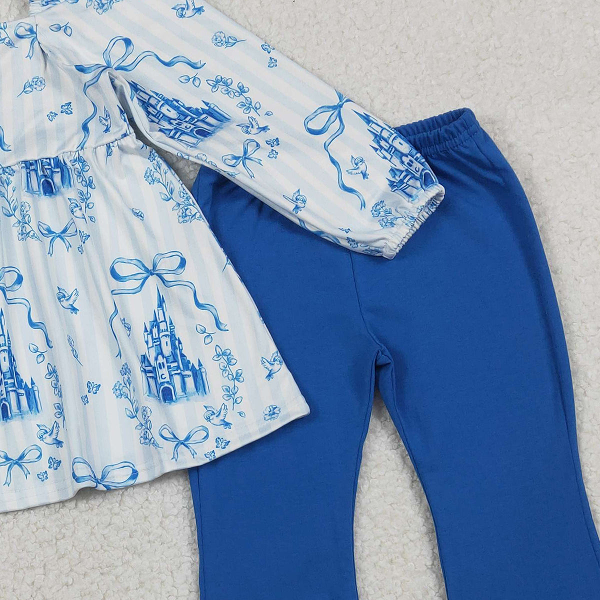 1.14 RTS NO MOQ （In stock）GLP3283 Baby Girls Blue Stripe Bows Castles Tunic Bell Bottom Pants Clothes Sets