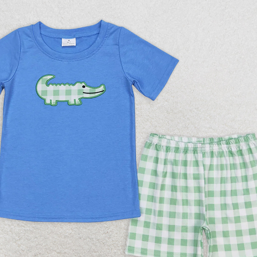 BSSO0736 RTS NO MOQ Baby Boys Summer Boys Outfits Baby Girls Crocodile Shirt Green Checkered Sibling Shorts Clothes Sets
