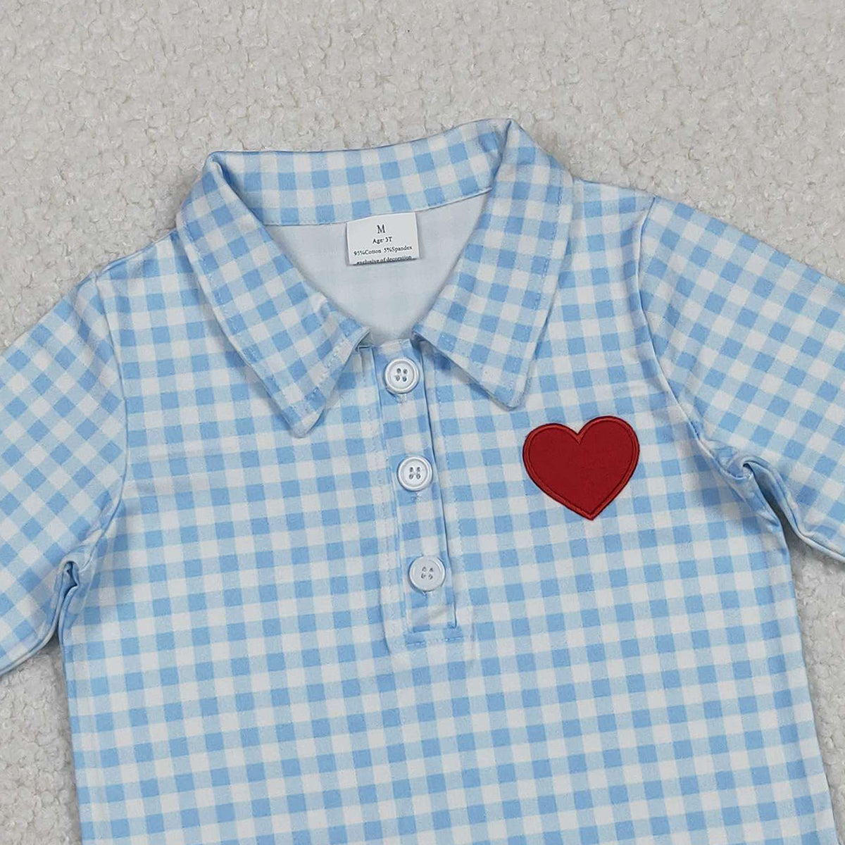 10.28 RTS NO MOQ （In stock）BT1386 Embroidery Hearts Baby Boys Blue Checked Valentine Polo Shirts Top