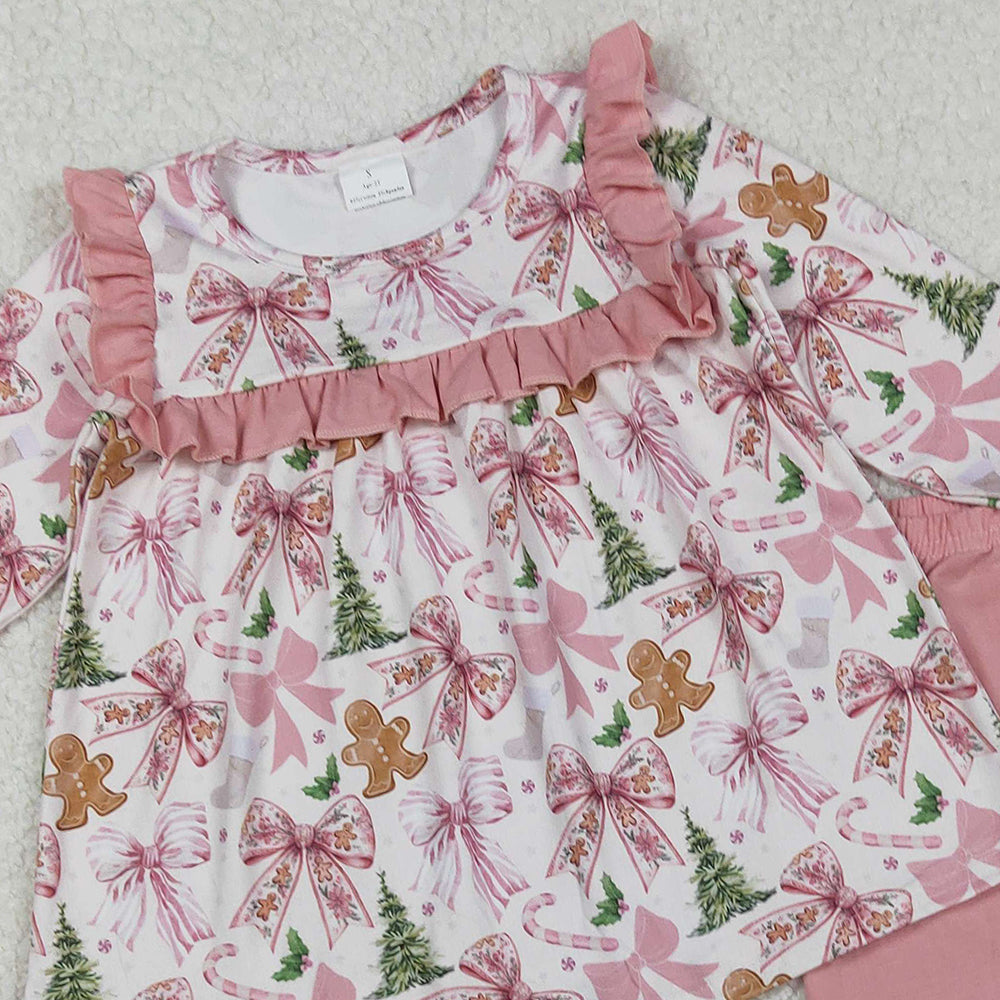 RTS NO MOQ （In stock）GLP2541 Baby Girls Winter Outfits Pink Bow Gingerbread Tunic Pants Set Christmas Theme Clothing for Kids