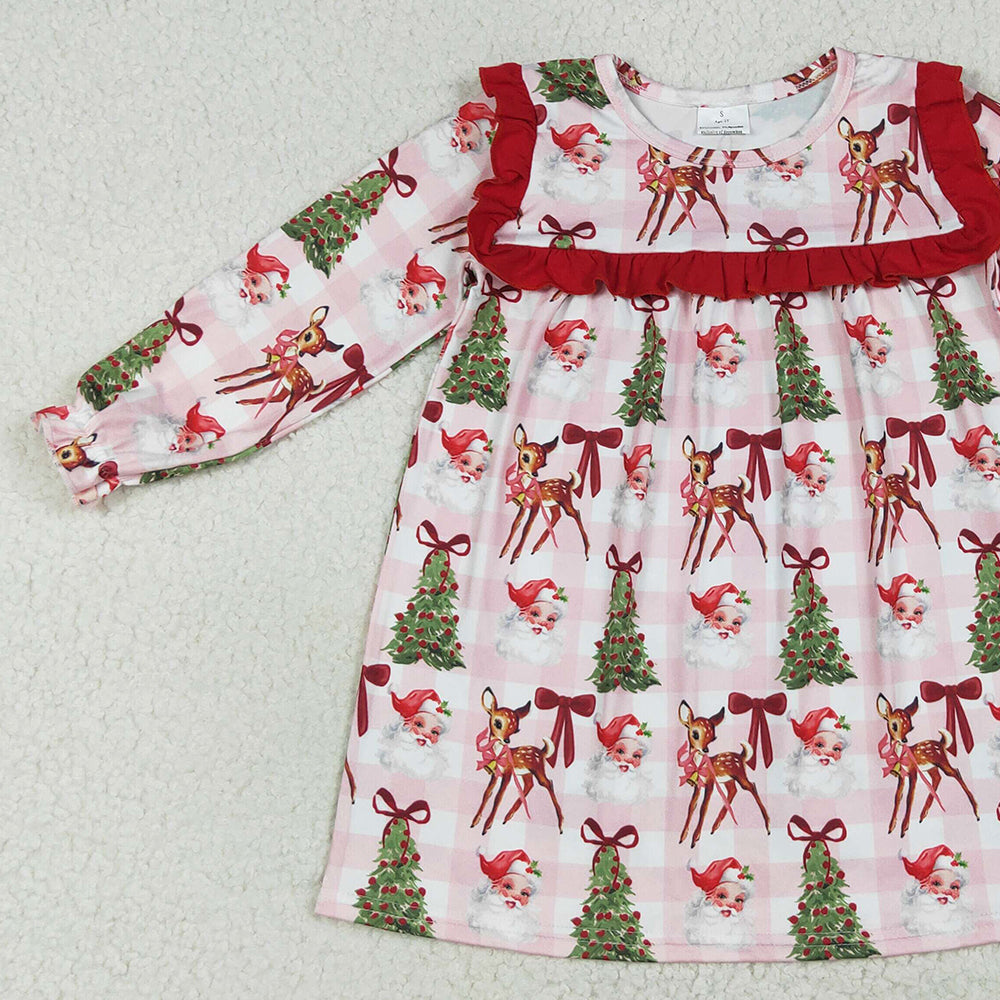 8.15 GLD1092 RTS NO MOQ Baby Girls Winter Dress Baby Girls Plaid Long Ruffle Sleeves Santa Trees Knee Length Dresses