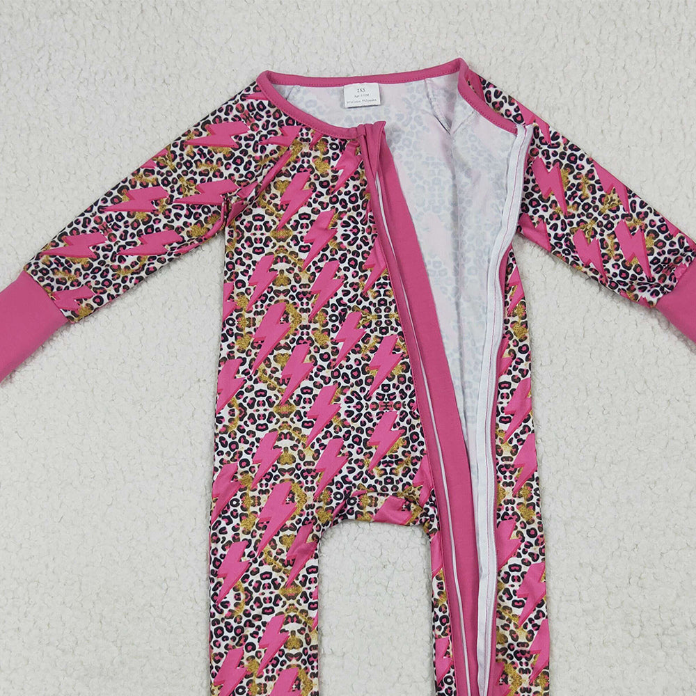 RTS NO MOQ （In stock） LR2250 Baby Girls Winter Rompers Baby Girls Western Pink Lightning Leopard Zipper Rompers