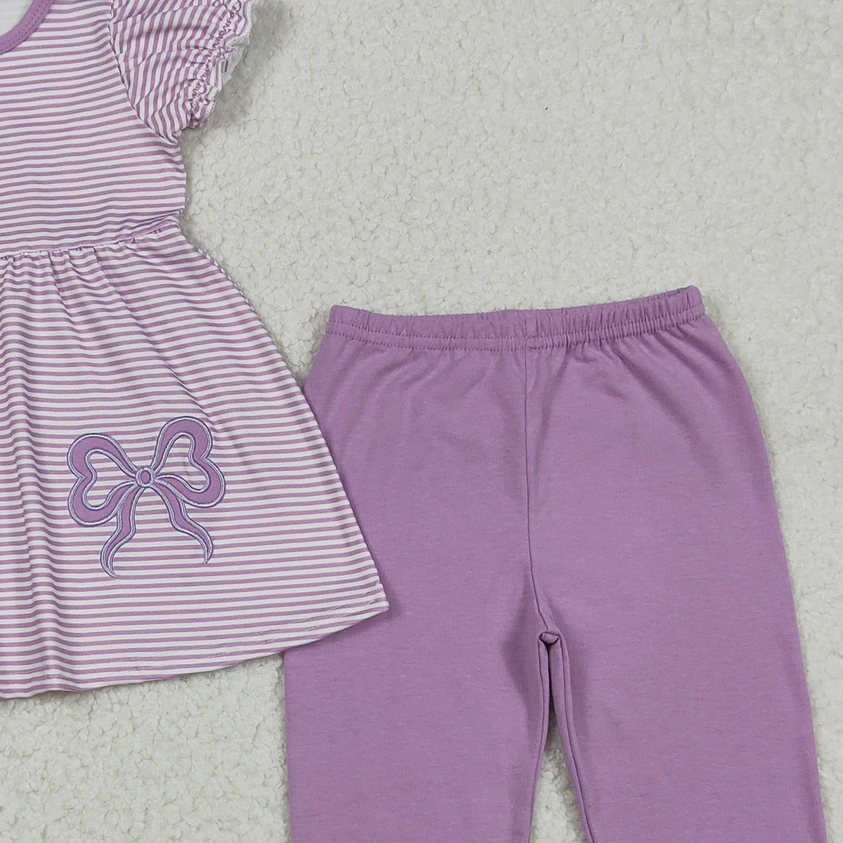 12.9 RTS NO MOQ （In stock）GSPO2153 Embroidery Bows Baby Girls Lavender Stripe Tunic Leggings Pant Clothes Sets