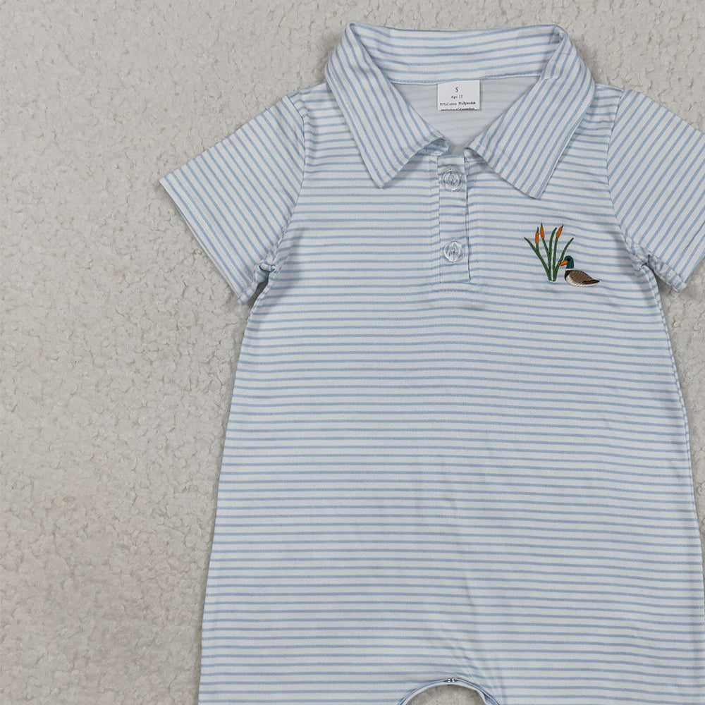 RTS NO MOQ （In stock）SR3149 Baby Boys Summer Rompers Embroidery Baby Boys Blue Stripe Short Sleeves Duck Button Shorts Rompers