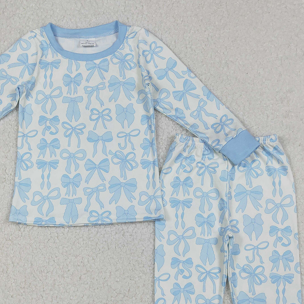 RTS NO MOQ （In stock）GLP2724  Baby Girls Winter Outfits Light Blue Long Sleeve Pajamas for Girls Kids Girls