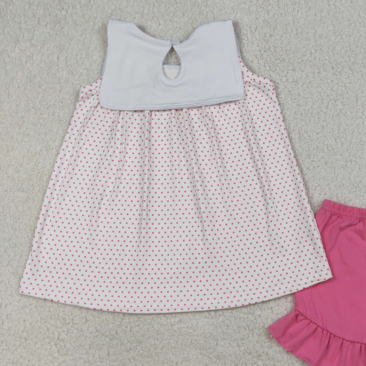 3.20 RTS NO MOQ （In stock）GSSO3019 Kids Clothing for Baby Girls Sleeveless Embroidery Cross Sheep Polka Dots Tunic Ruffle Shorts Clothes Sets