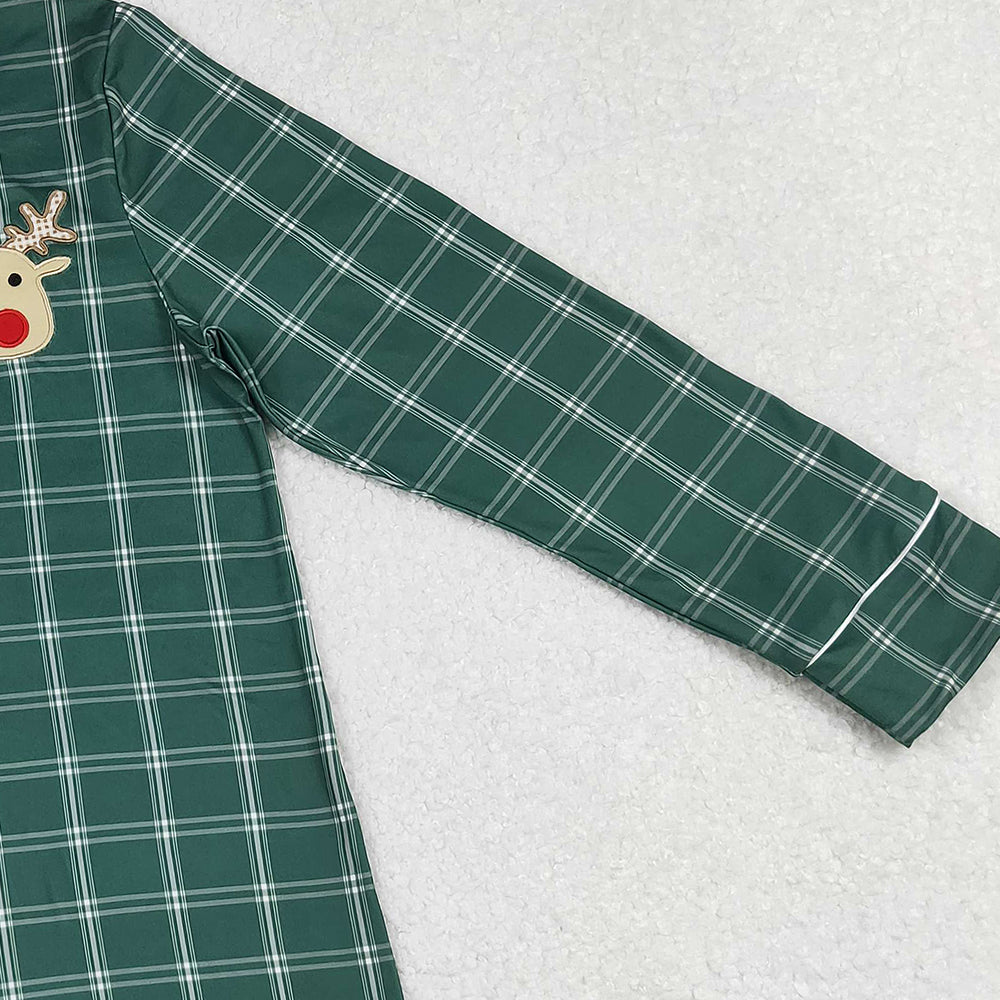 9.29  RTS NO MOQ （In stock）GT0621 Embroidery Deer Adult Women Green Checked Christmas Tops Sleep Wears