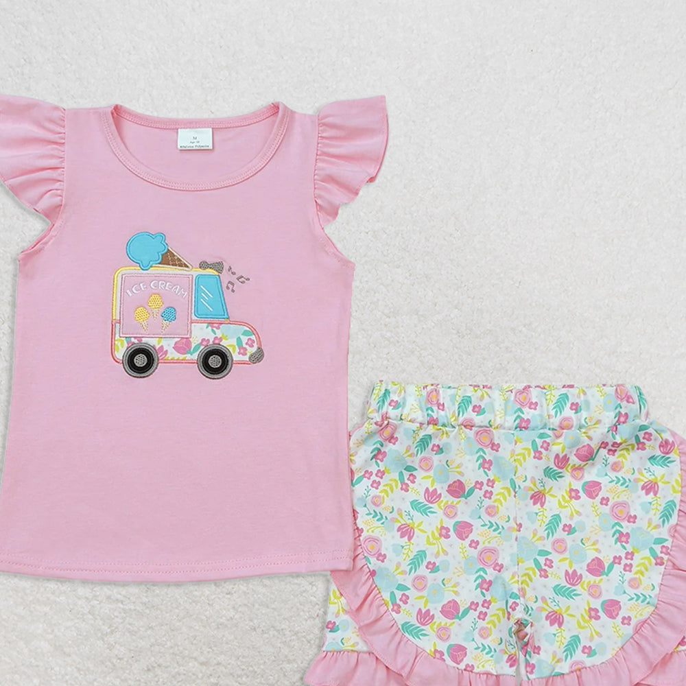GSSO0644 RTS NO MOQ Baby Girls Summer Outfits Embroidered ice cream cart pink flying sleeves floral shorts set