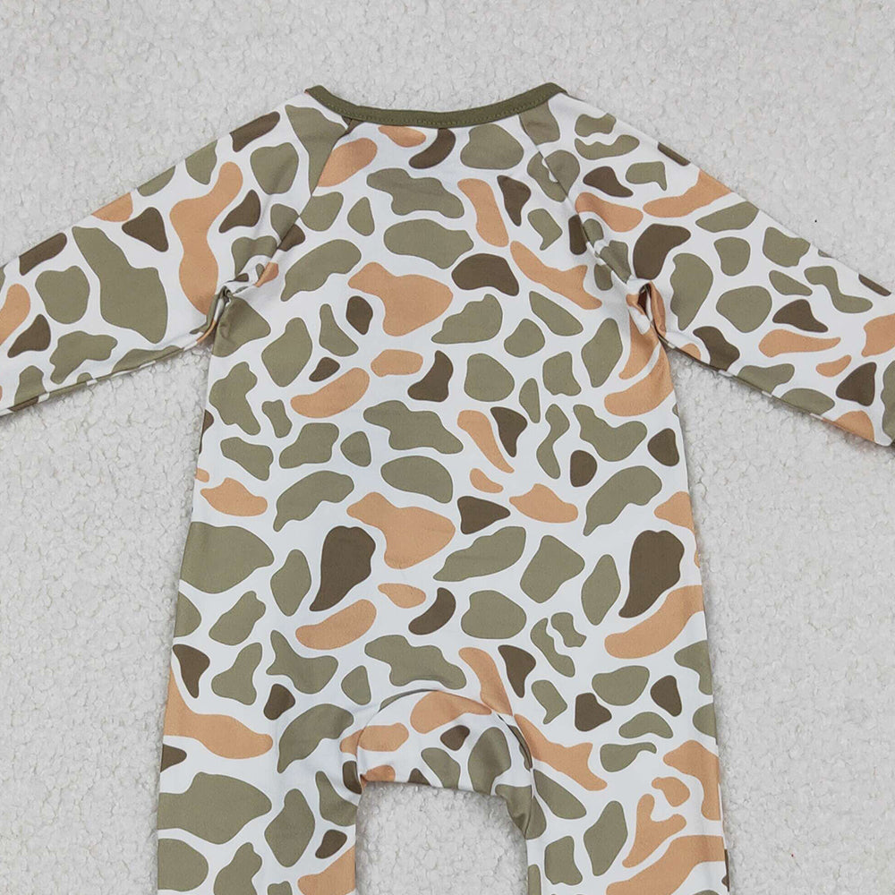RTS NO MOQ （In stock）LR2578 Baby Boys Winter Rompers Green Yellow Camo Western Zipper Footie Rompers