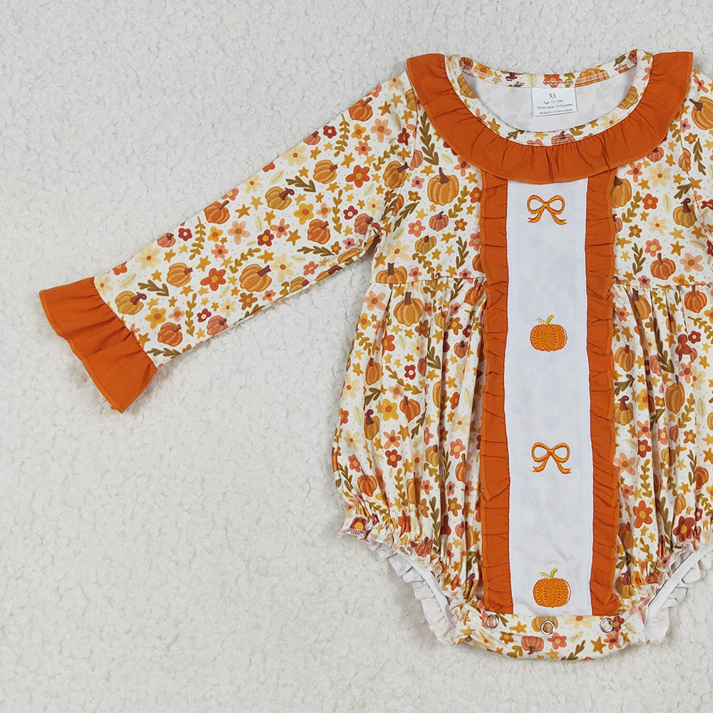 8.16  LR2228 RTS NO MOQ Baby Girls Winter Rompers Embroidery Baby Girls Long Sleeves Bows Pumpkins Floral Ruffle Rompers