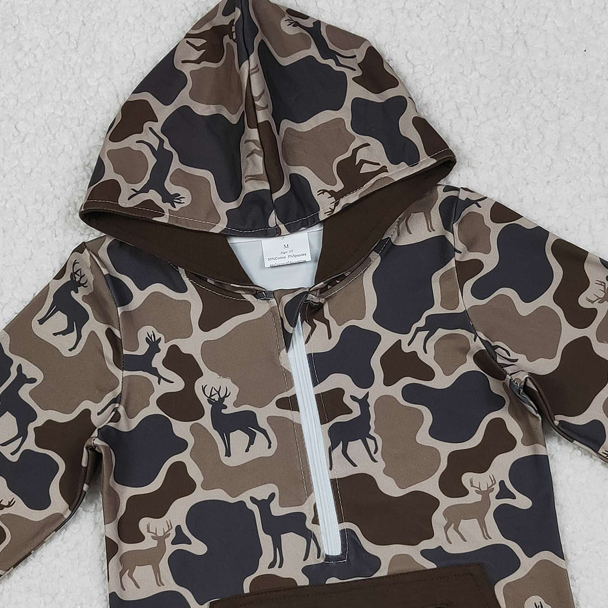 11.11 RTS NO MOQ （In stock）BT1348 Baby Boys Brown Deer Camo Pocket Zipper Hunting Hoodies Top